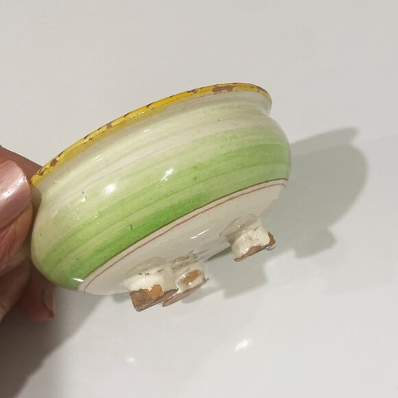 Small Round Footed Trinket Dish Hand Paint Floral Earthenware Sgraffito Italy - Picture 3 of 6